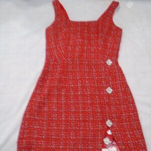 Tweed Square Neck Solid Pearl Button Split Mini Dress